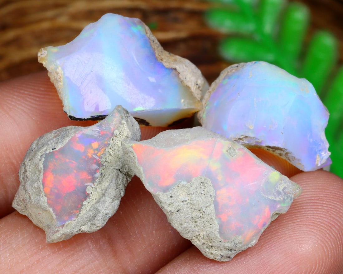 21Ct Celestial Hues: Premium Ethiopian Opal Rough Collection: Dimension: 14-19mm Raw Gemstone Specimens - Natural Welo Rough Opal This assemblage of Ethiopian Welo opal rough is a breathtaking representation of nature's artistry. Each piece is a canvas of brilli