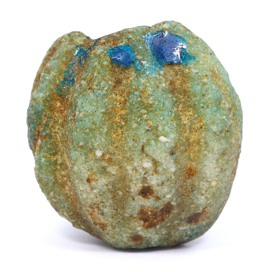 The Art of Ancient Egypt: Exquisite Faience Bead (1500-1000 BC): Dimension: 21x20mm Rarity Level: High Rarity Given its historical significance and potential age, faience beads from ancient Egypt, especially those of such intricate craftsmanship, are considered rar