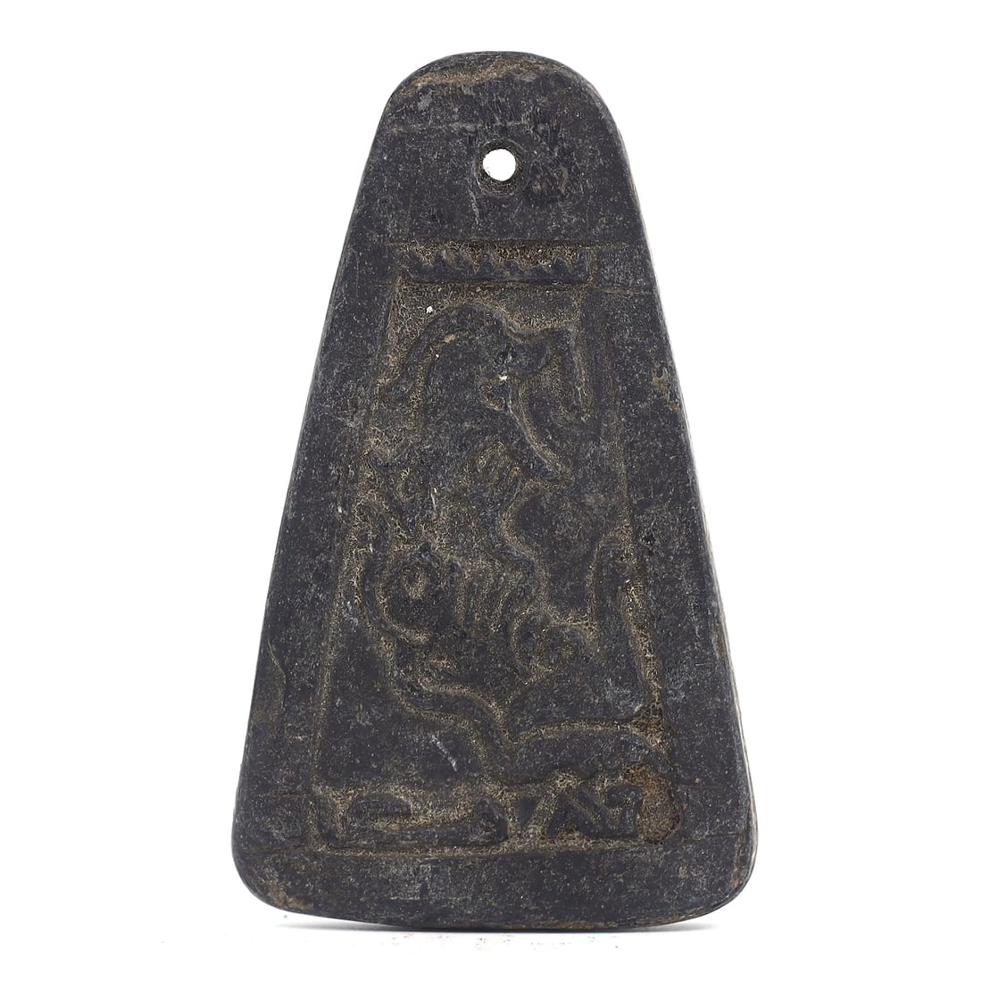 Engraved Ancient Amulet with Mythical Motifs: Testament of Gandhara Civilization 1stC BC - 11thC AD: Dimension: 70x45mm Rarity Level: Exceptionally Rare Originating from the illustrious Gandhara Civilization, this engraved amulet stands as an emblem of the intricate artistry and deep-rooted mythology
