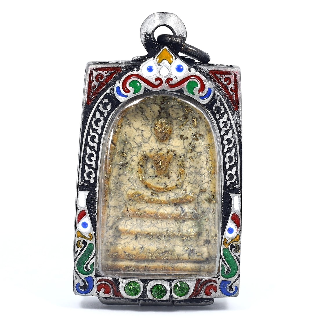 Antique Southeast Asian Buddha Amulet in Vintage Thai Casing (circa early 20th Century): Dimension: 50x30mm Rarity Level: Highly Rare Given its antique grade and the distinctiveness of the vintage Thai casing, this Buddha amulet is a unique representation of Southeast Asian spiritual art 