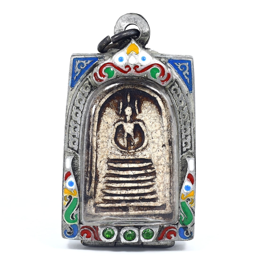 Antique Southeast Asian Buddha Amulet in Vintage Thai Casing (circa early 20th Century): Dimension: 50x30mm Rarity Level: Highly Rare Given its antique grade and the distinctiveness of the vintage Thai casing, this Buddha amulet is a unique representation of Southeast Asian spiritual art 