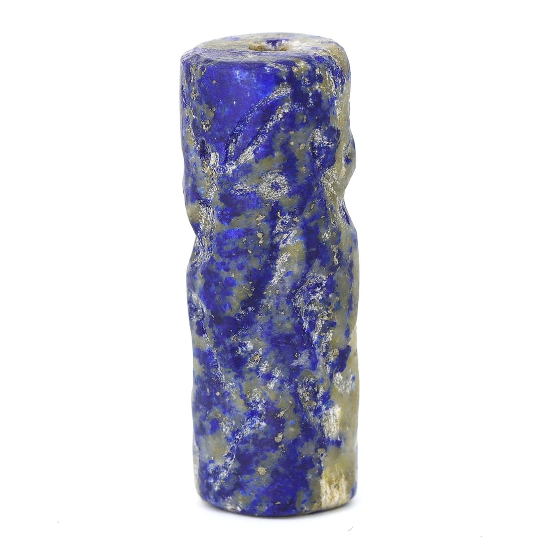 Ancient Lapis Lazuli Cylinder Seal: Achaemenid Empire Relic (550 BC - 330 BC): Dimension: 35x15mm Rarity Level: Exceedingly Rare Given its association with the esteemed Achaemenid Empire and the intricate detailing on the lapis lazuli, this item is not only a relic of historical