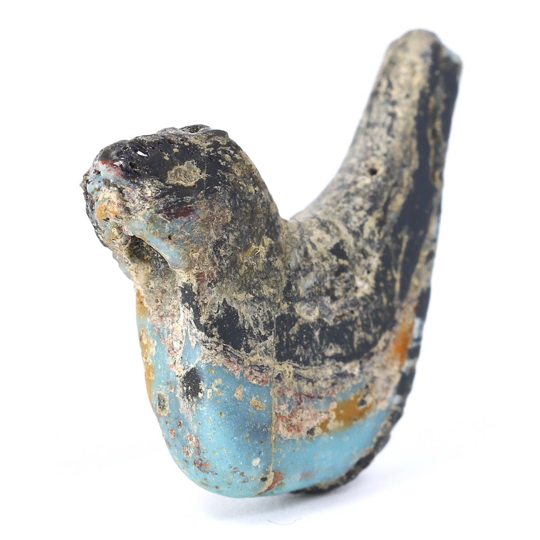 Ancient Folded Mosaic Glass Dove Bead: Emblem of Islamic Excellence (500 AD-700 AD): Dimension: 18x14x3mm Rarity Level: Extremely Rare Owing to its deep-rooted connection with the Islamic civilization and the remarkable mosaic glass technique, this bead stands as a testament to the ri