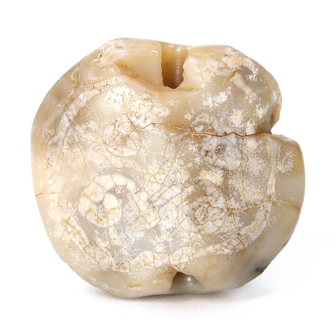 Enigmatic Mauryan Empire Etched Carnelian Agate Bead (322-185 BC): Dimension: 13x12.6mm Introduction: Step back into the grandeur of the Mauryan Empire with this intricately etched agate carnelian bead. Dating back to a time spanning 322 to 185 BC, this diminutive ye