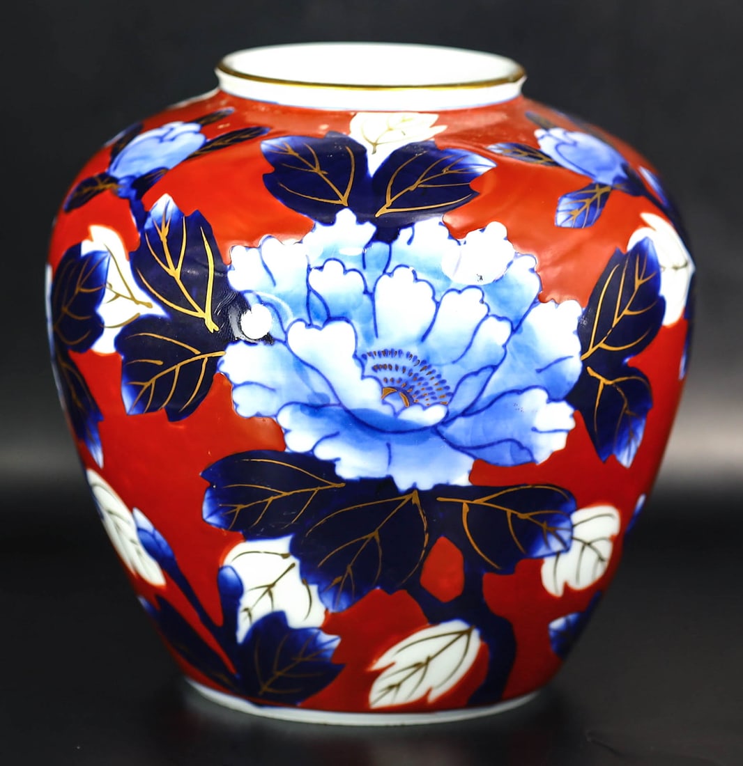 Japanese Showa Style Ceramic Vase with Peony Motif (1 of 3)