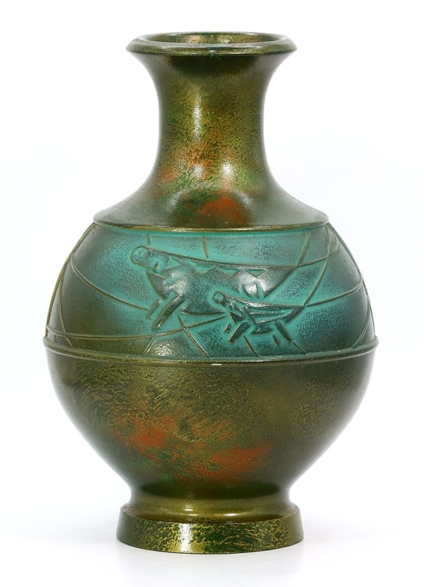 Asian-Inspired Patinated Brass Vase with Figural Motifs (1 of 4)