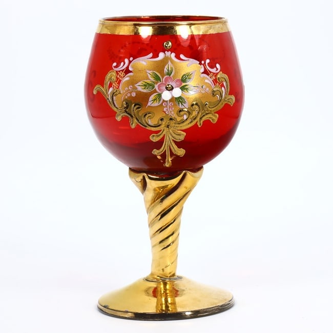 European Rococo Style Red Glass Goblet with Gold Floral Embellishment (1 of 4)