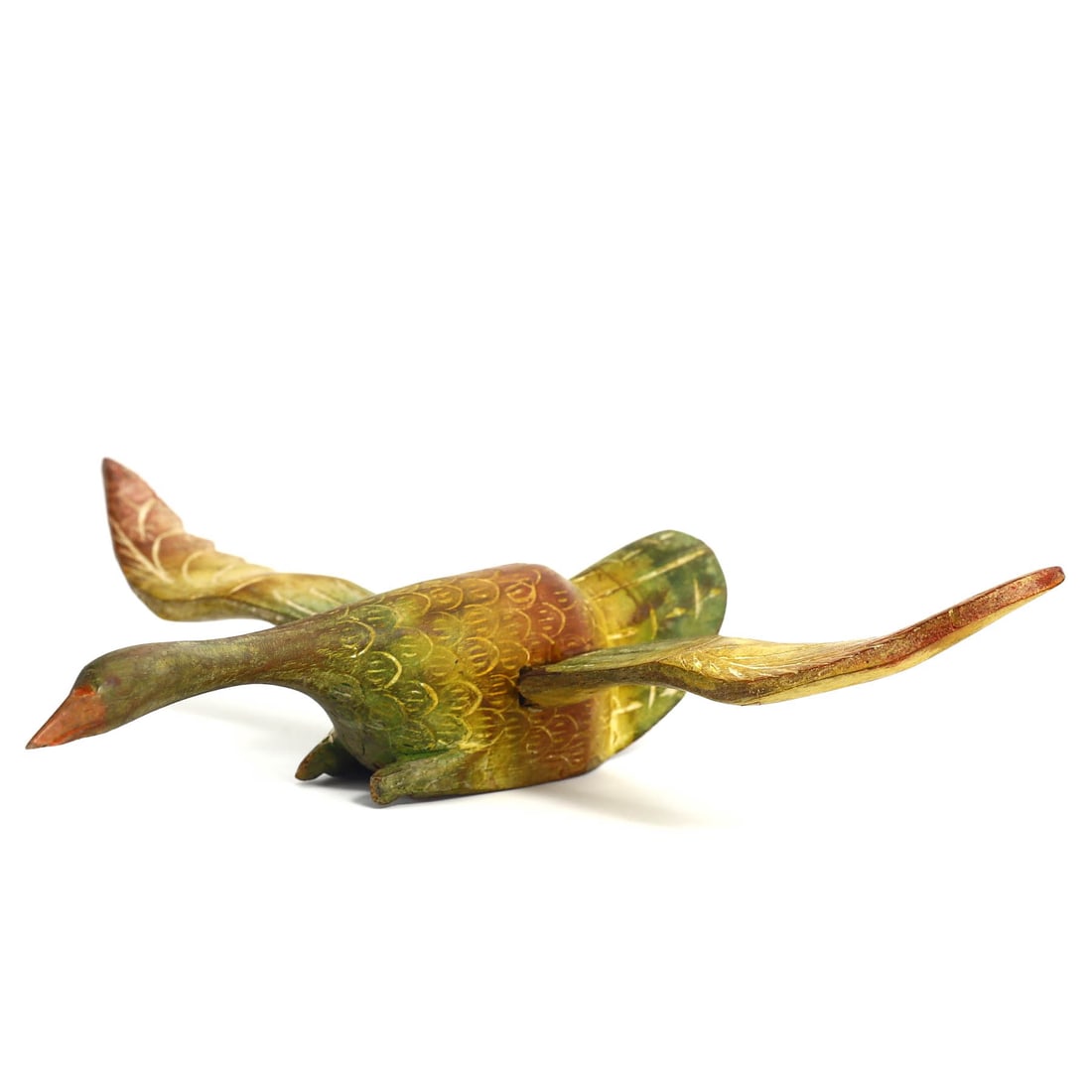Vintage Japanese Wooden Duck Decoy Graceful Flight Motif, Showa Period Inspiration: Dimension: 16x3.5 cm Weight: 60 gram Introduction: Evocative of the Showa period's artistry, this vintage wooden duck in mid-flight demonstrates a fluidity and grace characteristic of Japanese woodwor