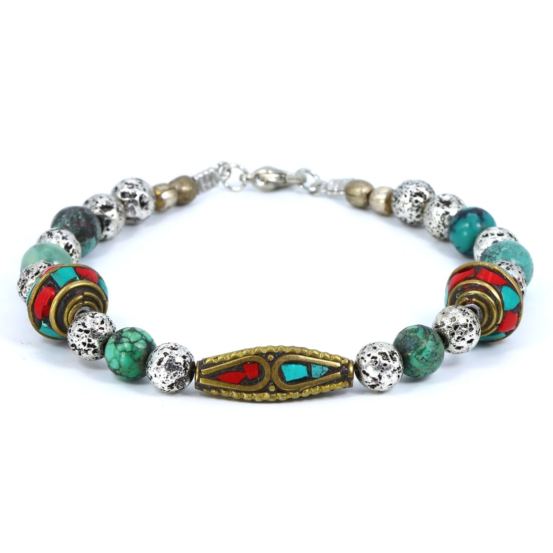 Tibetan Antiquity: Prayer Beads and Turquoise Bracelet: Dimension: 8 inches length Introduction: From the heart of Tibetan tradition comes this bracelet, a relic of bygone times. Antique prayer beads, each carrying centuries of history, are interlaced with