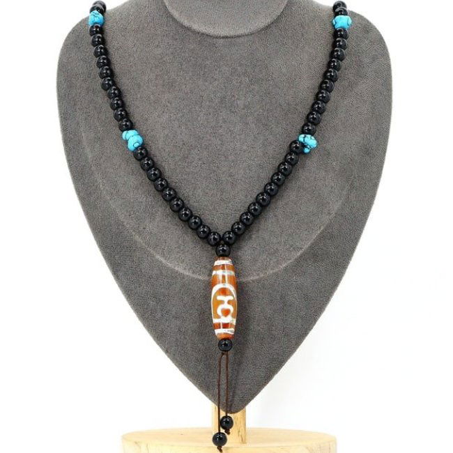 Tibetan Dzi Bead Necklace: Spiritual Elegance in Onyx (1 of 2)