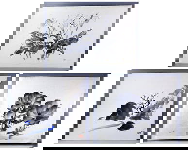Three Japanese Black and White Artwork Sumi-e Ink Painting Woodblock with Seal: Dimension: 47x47 cm Introduction: These three Japanese artworks are exemplary pieces of Sumi-e, the traditional ink painting woodblock technique that has been revered for its simplistic yet profound a