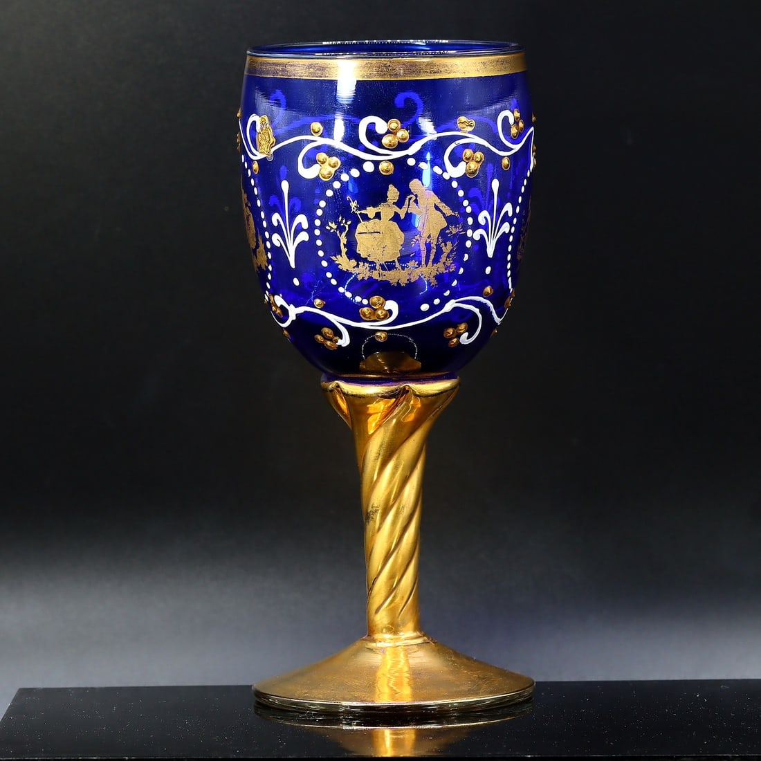 Cobalt Blue Venetian Glass Goblet with Hand-Painted Gold Detailing (1 of 3)