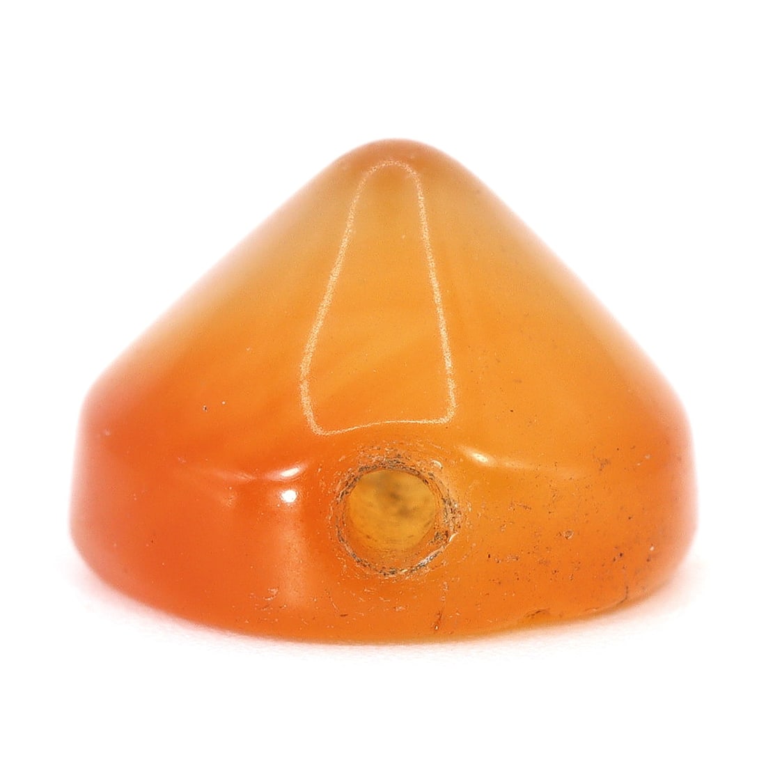 Ancient Indian Carnelian Cone-Shaped Bead with Unique Pattern (Medieval Period, circa 1200-1500 AD): Dimension: 12.3x8.5 mm Introduction: Immerse yourself in the medieval period of India with this captivating conical carnelian bead, a testament to the exquisite craftsmanship of the time. Mistakenly a