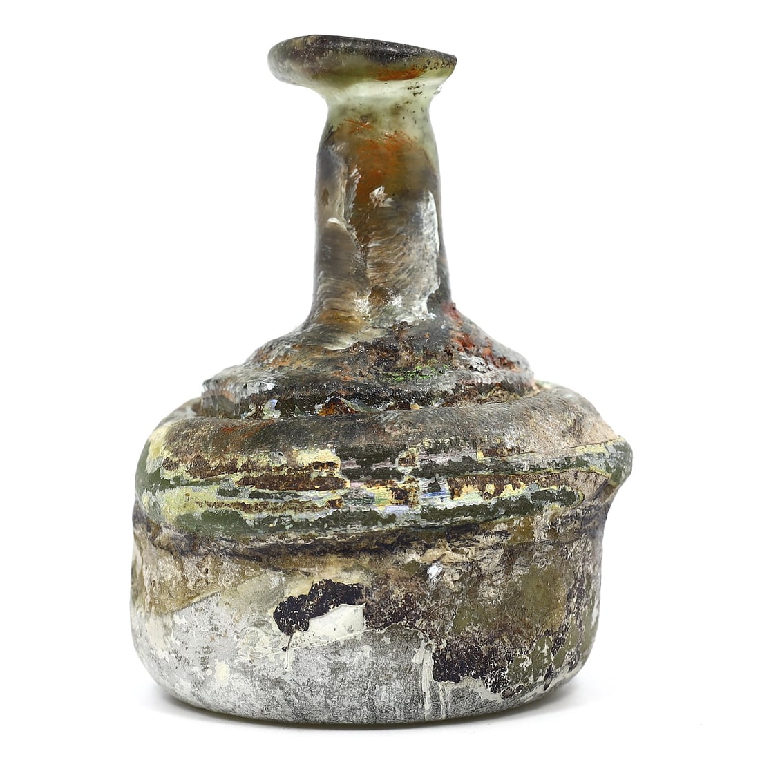 Ancient Roman Glass Flask: A Glimpse into the Roman Empire (27 BC-476 AD): Dimension: 60mm Rarity Level: Very Rare Given its roots in the illustrious Roman Empire and the advanced glassmaking techniques of the time, this flask stands as a testament to a rich historical perio