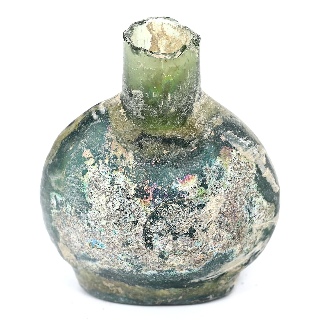 Ancient Roman Glass Flask: A Glimpse into the Roman Empire (27 BC-476 AD): Dimension: 50mm Rarity Level: Very Rare Given its roots in the illustrious Roman Empire and the advanced glassmaking techniques of the time, this flask stands as a testament to a rich historical perio