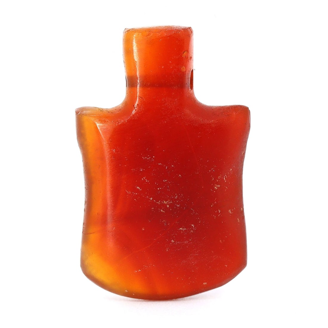 Exceptional Taxila Gandhara Carnelian Axe Sword Bead (300-500 AD): Dimension: 21x13mm Introduction: Explore the grandeur of ancient Taxila within the Gandhara civilization through this striking carnelian axe-shaped bead, dated between 300 and 500 AD. This artifact ex