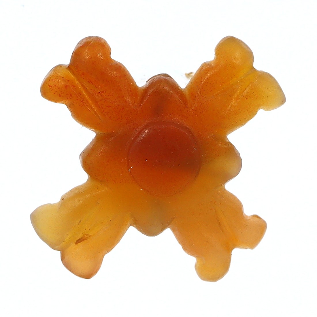 Sacred Taxila Buddhist Cross Carnelian Bead, Symbol of Triratna (400-600 AD): Dimension: 16x6mm Introduction: Discover the spiritual crossroads of the ancient world with this Sacred Buddhist Cross Carnelian Bead from Taxila, an emblem of the Triratna symbolizing the Buddha, Dha