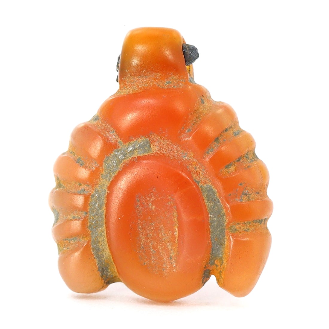Late Gandharan Triratna Agate-Carnelian Bead, Symbolic Artifact (400-500 AD): Dimension: 16x13mm Introduction: This agate-carnelian bead, embodying the sacred Triratna symbol from the late Gandharan period, serves as a testament to the spiritual and commercial crossroads of anc