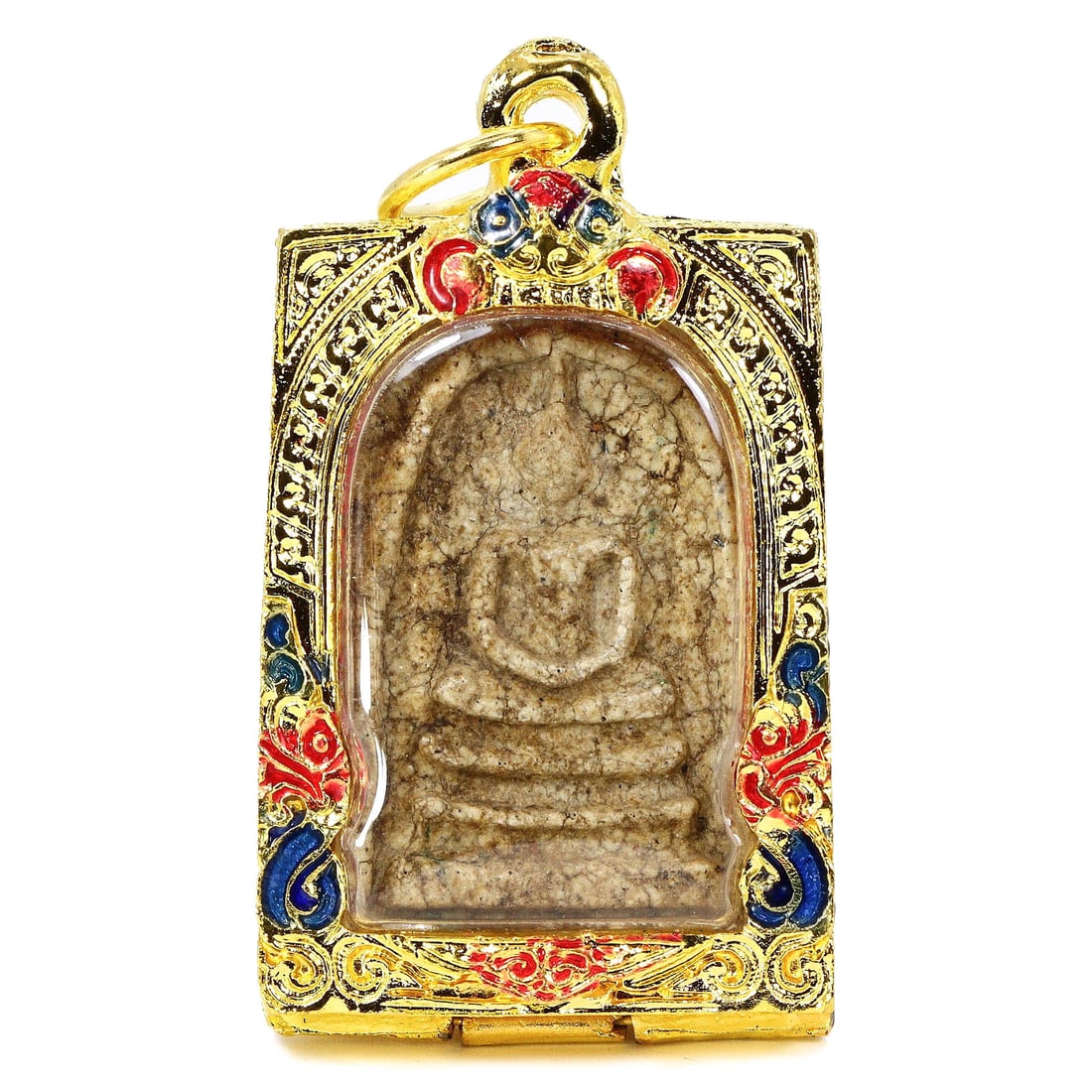 Antique Southeast Asian Buddha Amulet in Vintage Thai Casing (circa early 20th Century): Dimension: 55x30mm Rarity Level: Highly Rare Given its antique grade and the distinctiveness of the vintage Thai casing, this Buddha amulet is a unique representation of Southeast Asian spiritual art 