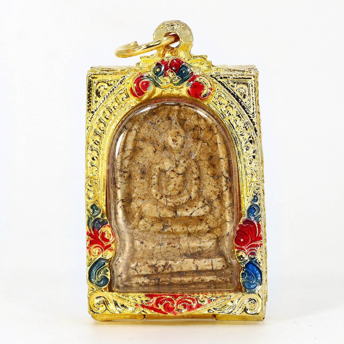 Antique Southeast Asian Buddha Amulet in Vintage Thai Casing (circa early 20th Century): Dimension: 55x30mm Rarity Level: Highly Rare Given its antique grade and the distinctiveness of the vintage Thai casing, this Buddha amulet is a unique representation of Southeast Asian spiritual art 