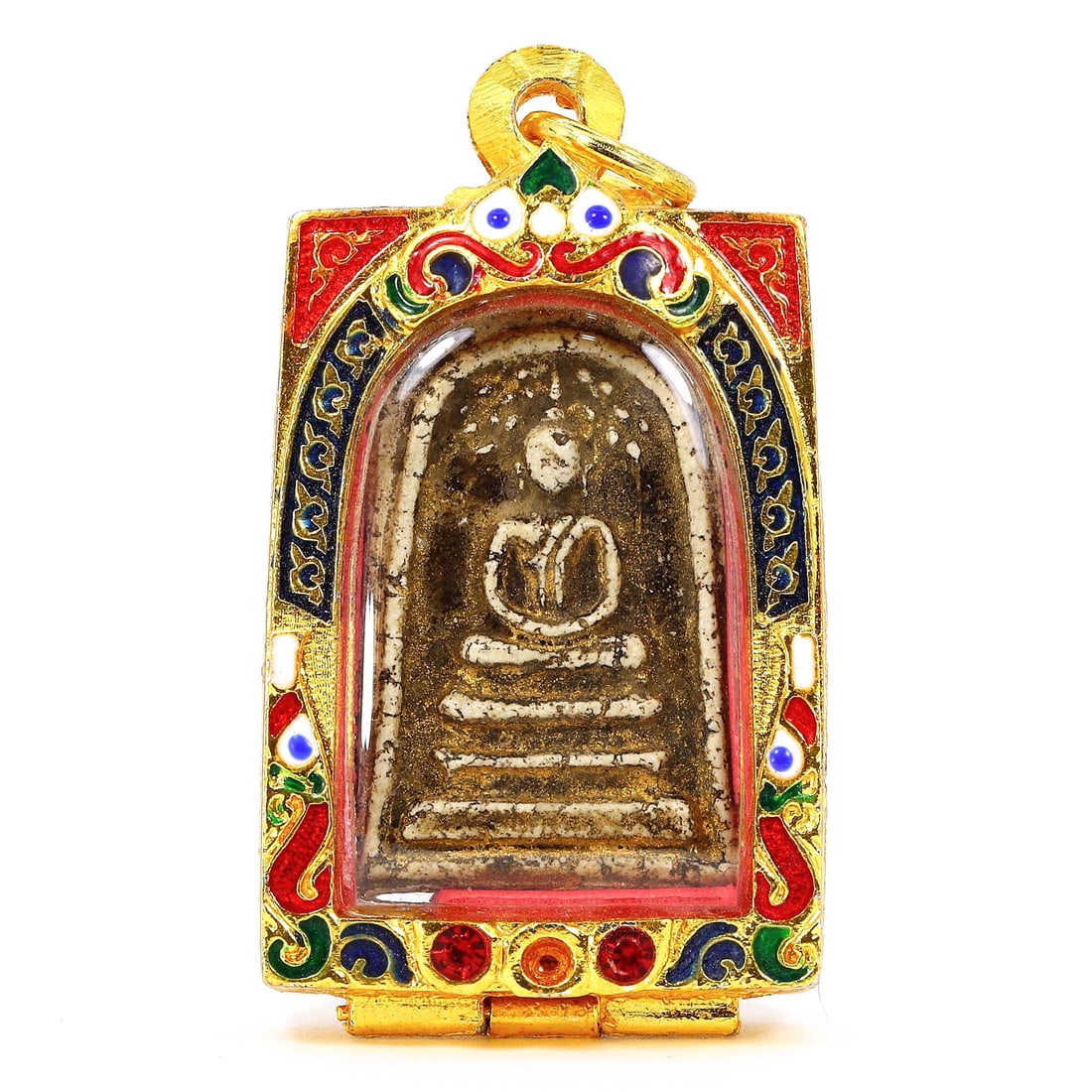 Antique Southeast Asian Buddha Amulet in Vintage Thai Casing (circa early 20th Century): Dimension: 55x30mm Rarity Level: Highly Rare Given its antique grade and the distinctiveness of the vintage Thai casing, this Buddha amulet is a unique representation of Southeast Asian spiritual art 