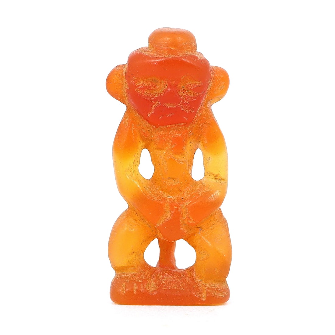 Ancient Kushan Empire Carnelian Human Figurine Bead (30-375 AD): Dimension: 21x9mm Introduction: Step into the rich tapestry of Central Asian history with this vibrant carnelian bead from the Kushan Empire, spanning from 30 to 375 AD. This bead, carved in the shape