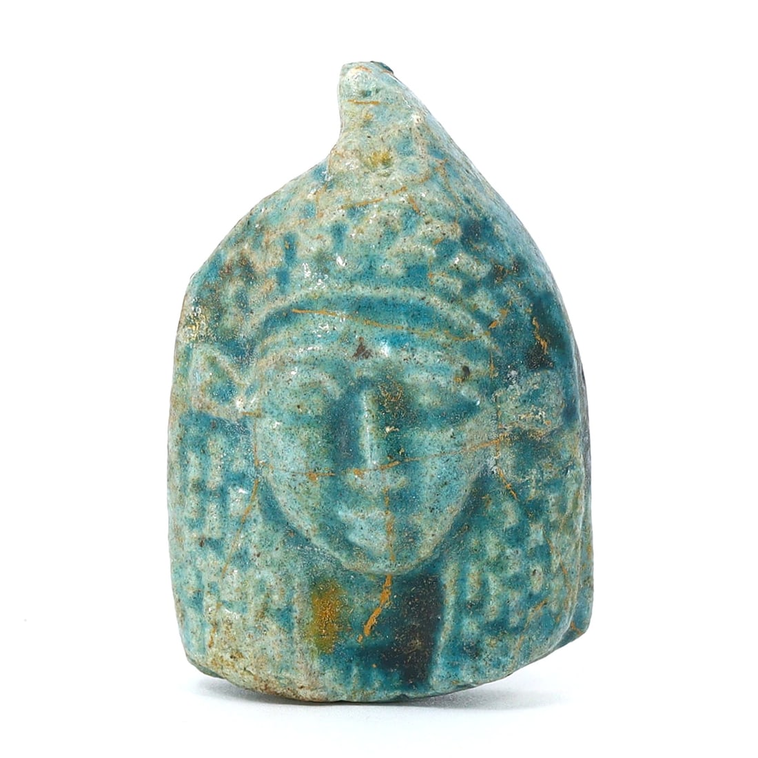 Ancient Egyptian Faience Amulet of Bes (664-332 BC): Dimension: 4.5 cm x 3 cm / 1.77 in x 1.18 in This small faience amulet represents the ancient Egyptian deity Bes, dating to the Late Period (664-332 BC). Bes was a household protector deity, revered f
