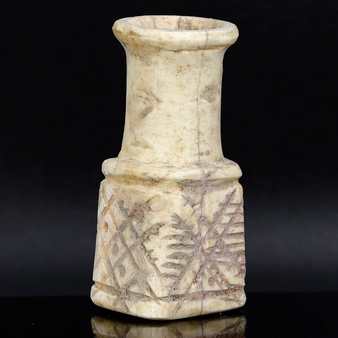 Ancient Scythian Bone Ritual Container, 5th-3rd Century BC: This artifact is a bone sculpture, measuring 2.56x1.18 inches (6.5x3 cm), and is believed to be a ritual container from the Scythian culture, dating back to the 5th-3rd centuries BC. The Scythians wer