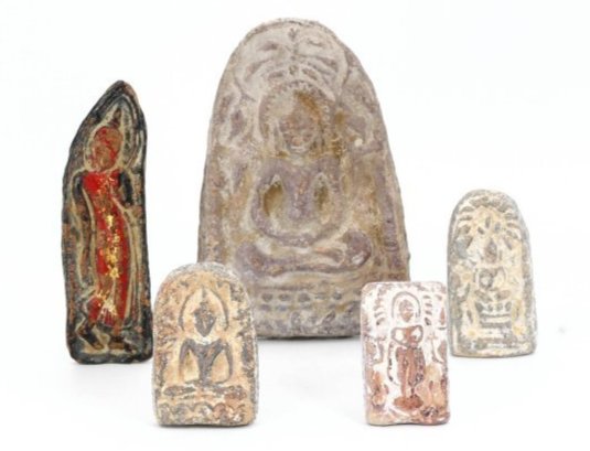 Group of 5 Asian & Tibetan Terracotta Antique Sculptures: This intriguing collection consists of five terracotta antique sculptures, with origins rooted in Asia and Tibet. The collection's most prominent piece stands at 10 cm in height and 6.5 cm in width, o