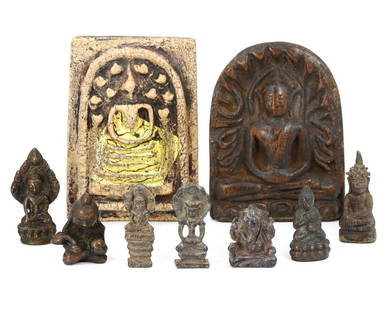 Group of 9 Tibetan & Asian Religious Sculptures, 18th-20th Century: This lot offers a diverse collection of nine ancient sculptures, with origins rooted in Tibetan and Asian cultures, dating from the 18th to the 20th century. The assemblage includes two terracotta scu