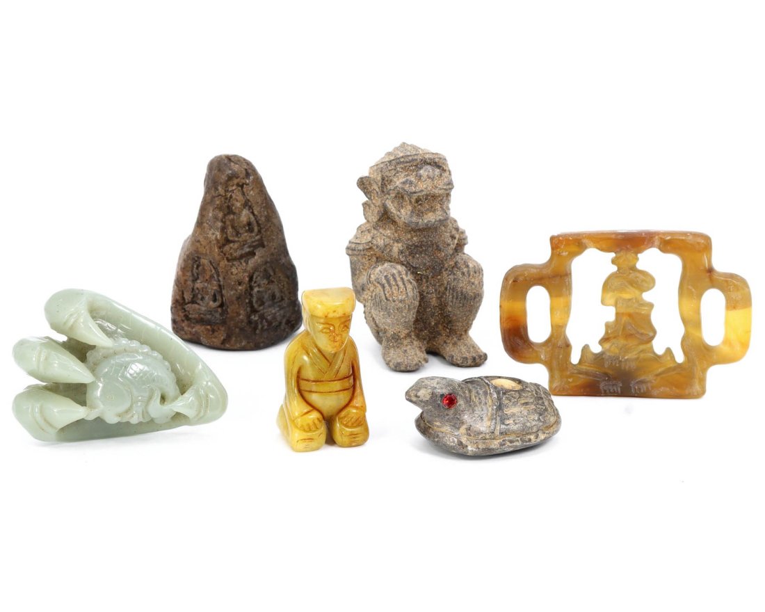 Group of 6 Asian Sculptures in Jade and Terracotta, 19th-20th Century (1 of 2)