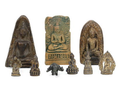 Group of 9 Himalayan & Southeast Asian Religious Artifacts: Encompassing a blend of spiritual influences, this collection features nine antique sculptures, with the most sizable terracotta tablet measuring 11 cm (4.33 inches) by 7 cm (2.76 inches). The lot is