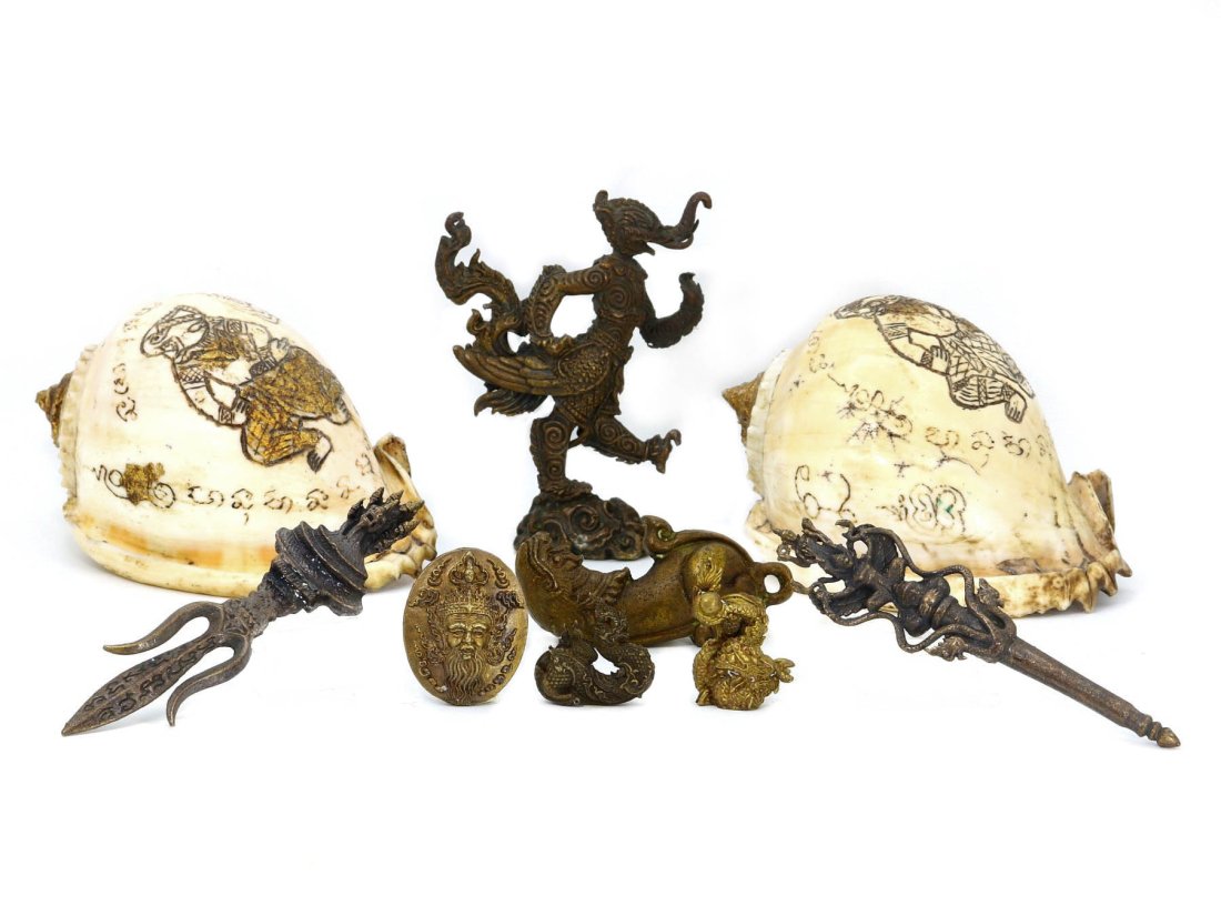 Group of 9 Asian Brass and Carved Conch Shell Ornaments (1 of 2)