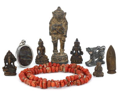 Group of 9 Eclectic Asian Antiques with Himalayan Red Coral Beads: This captivating assortment of 9 pieces includes a stunning strand of Himalayan red coral beads, valued at $300 alone, a Leklai stone amulet renowned for its spiritual significance, and 7 mixed sculpt