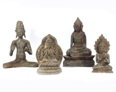 Group of 4 Antique Tibetan & Himalayan Deities Statues / FREE SHIPPING: This remarkable lot features a collection of four exquisite antique statues, each depicting deities from Tibetan and Himalayan traditions. Crafted from bronze or brass, these statues exhibit exception