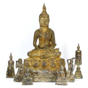 Group of 8 Antique Asian Deities Statues / FREE SHIPPING: This remarkable lot features a collection of eight exquisite antique Asian deities statues, crafted from either bronze or brass. Each statue embodies the rich cultural heritage and artistic craftsmans