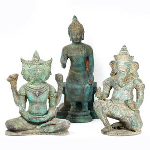 Trio of Antique Khmer, South Asian, and Siamese Deities Statues / FREE SHIPPING: This captivating lot features a trio of antique deity statues that hail from the Khmer, South Asian, and Siamese traditions. These exquisite sculptures, crafted from bronze or brass, offer a window in