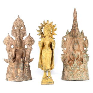 Southeast Asian Collection of 3 Antique Deities Statues / FREE SHIPPING: Presenting a remarkable collection of three antique deity statues from Southeast Asia. These substantial sculptures, crafted from either bronze or brass, offer a glimpse into the rich cultural heritag