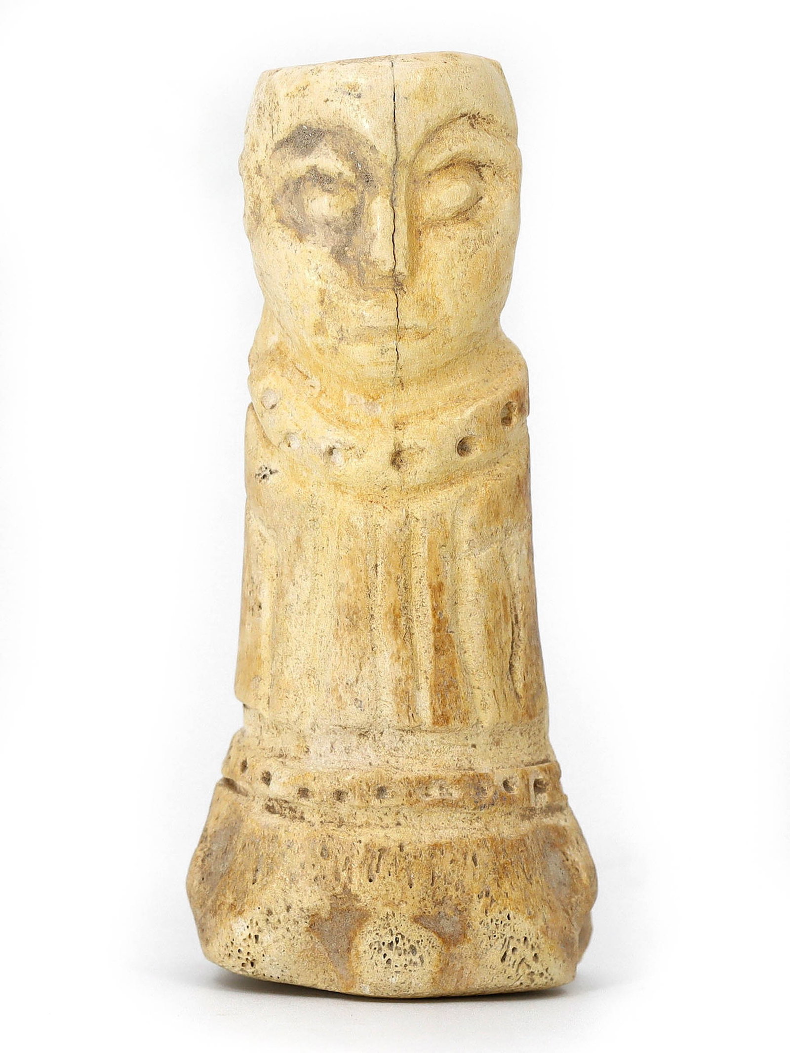 Coptic Byzantine Egypt Bone Figure Vessel, 4th-6th Century AD: This remarkable carved Coptic bone figure vessel or container, hailing from Byzantine Egypt, is a testament to the exquisite craftsmanship of its era. With dimensions measuring approximately 7x3x2cm (