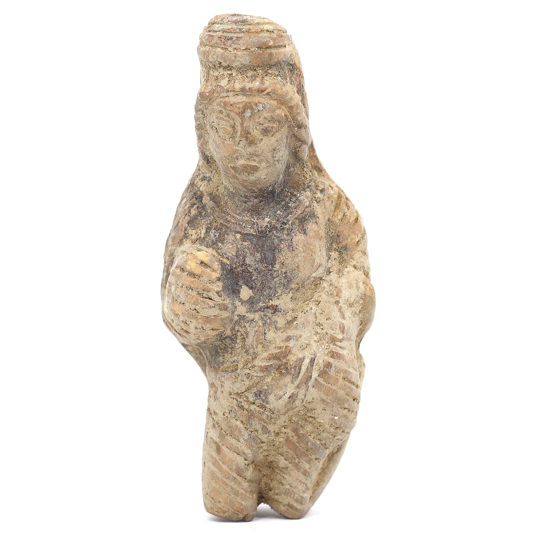 Authentic Sumerian Terracotta Figurine of Goddess Inanna (3200-3000 BC): This authentically preserved Sumerian terracotta figurine represents the esteemed goddess Inanna, standing at an intimate size of 12x5x2 cm or 4.72x1.97x0.79 inches. Originating from the Sumerian civi