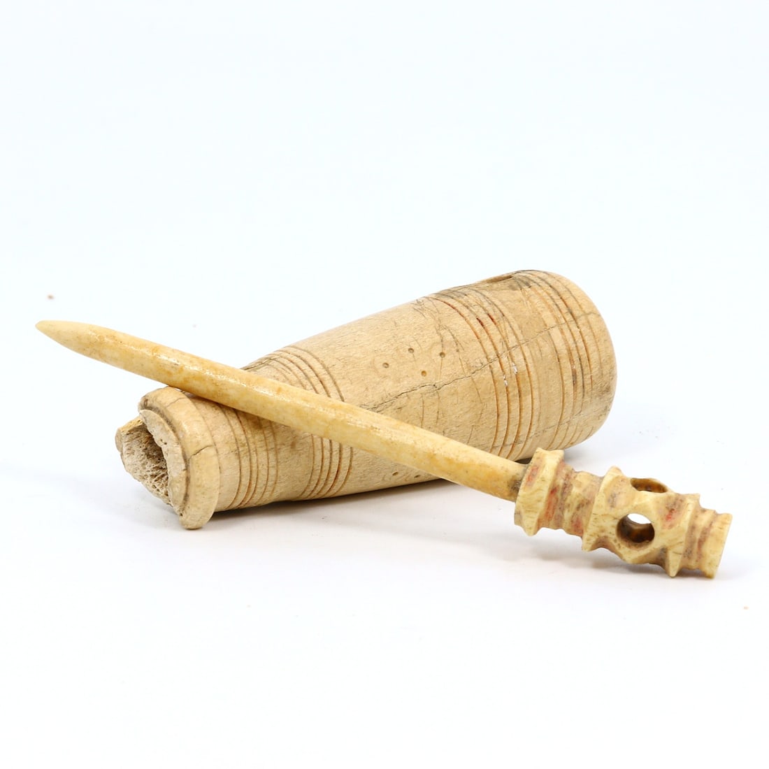 Ancient Cosmetic Bottle with Hair Pin Relic from The Kingdom of Margush (3rd-1stC BC): This 11x2.5cm exquisitely crafted whale bone cosmetic bottle with hair pin, from the historical Kingdom of Margush, speaks volumes about the artistic flair and utility of the objects from that period.
