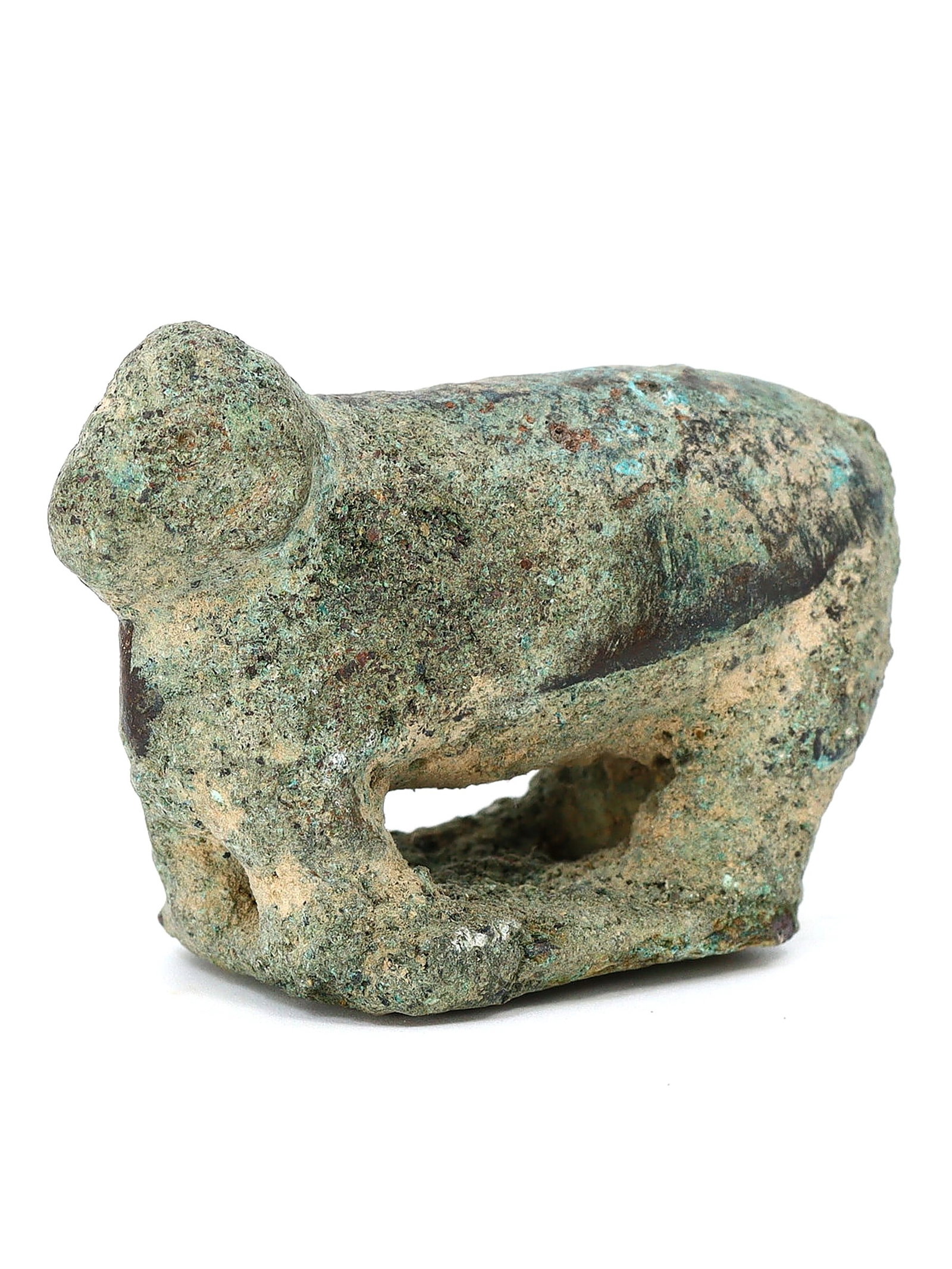Egyptian Bronze Miniature Ram Amulet (Third Intermediate Period, 1069-664 BC): This ancient Egyptian miniature amulet represents a standing ram in a vigilant posture, looking forward. The piece is dated to the Third Intermediate Period, ranging from 1069 to 664 BC. Measuring 5.5