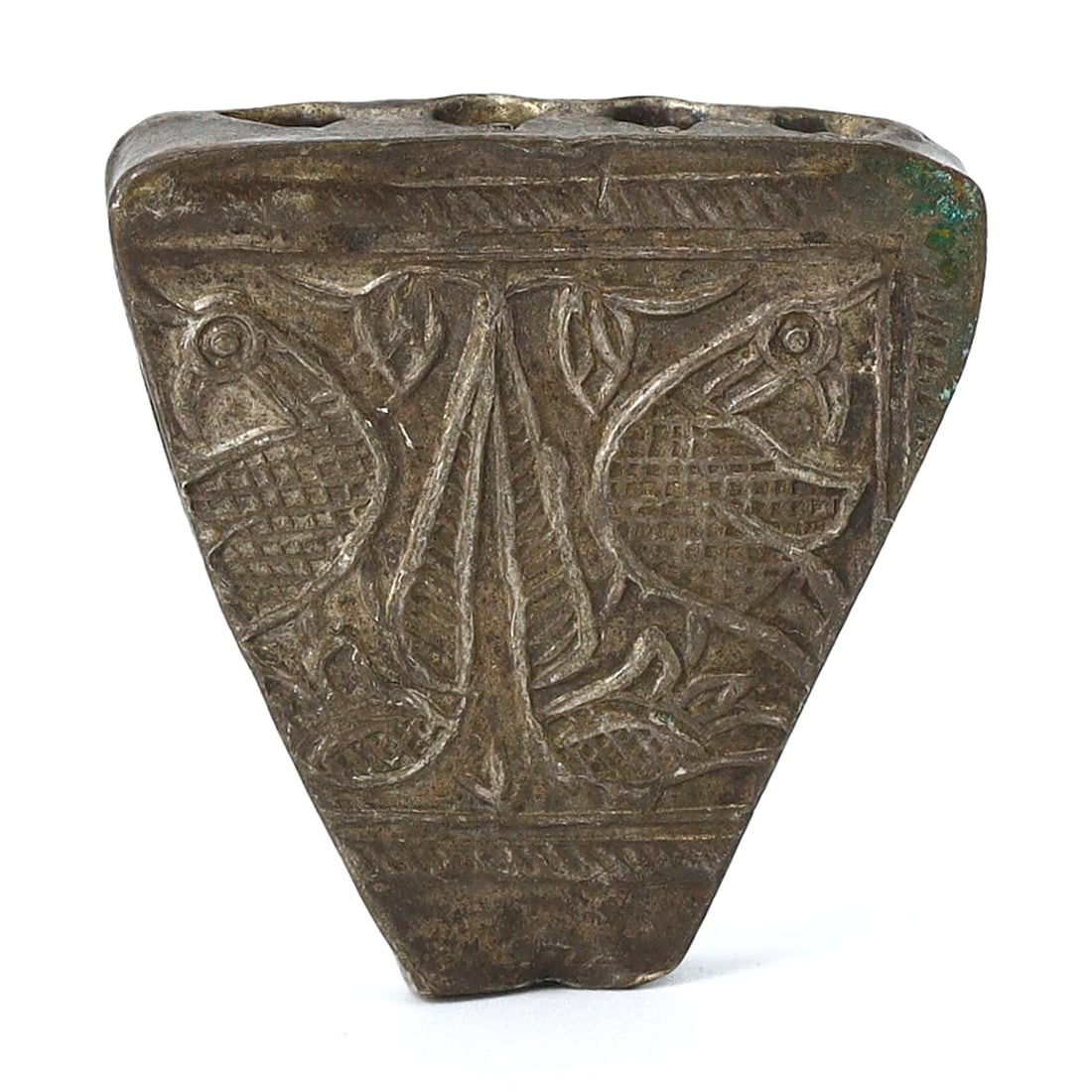 Roman Silver Spacer Bead with Cockerel Engravings (1st-4th Century AD): This exquisite Roman-era silver spacer bead, sized at 3.1 cm by 3 cm (approximately 1.22x1.18 inches), features a remarkable engraving of two cockerels flanking a central tree, a motif echoing ancient
