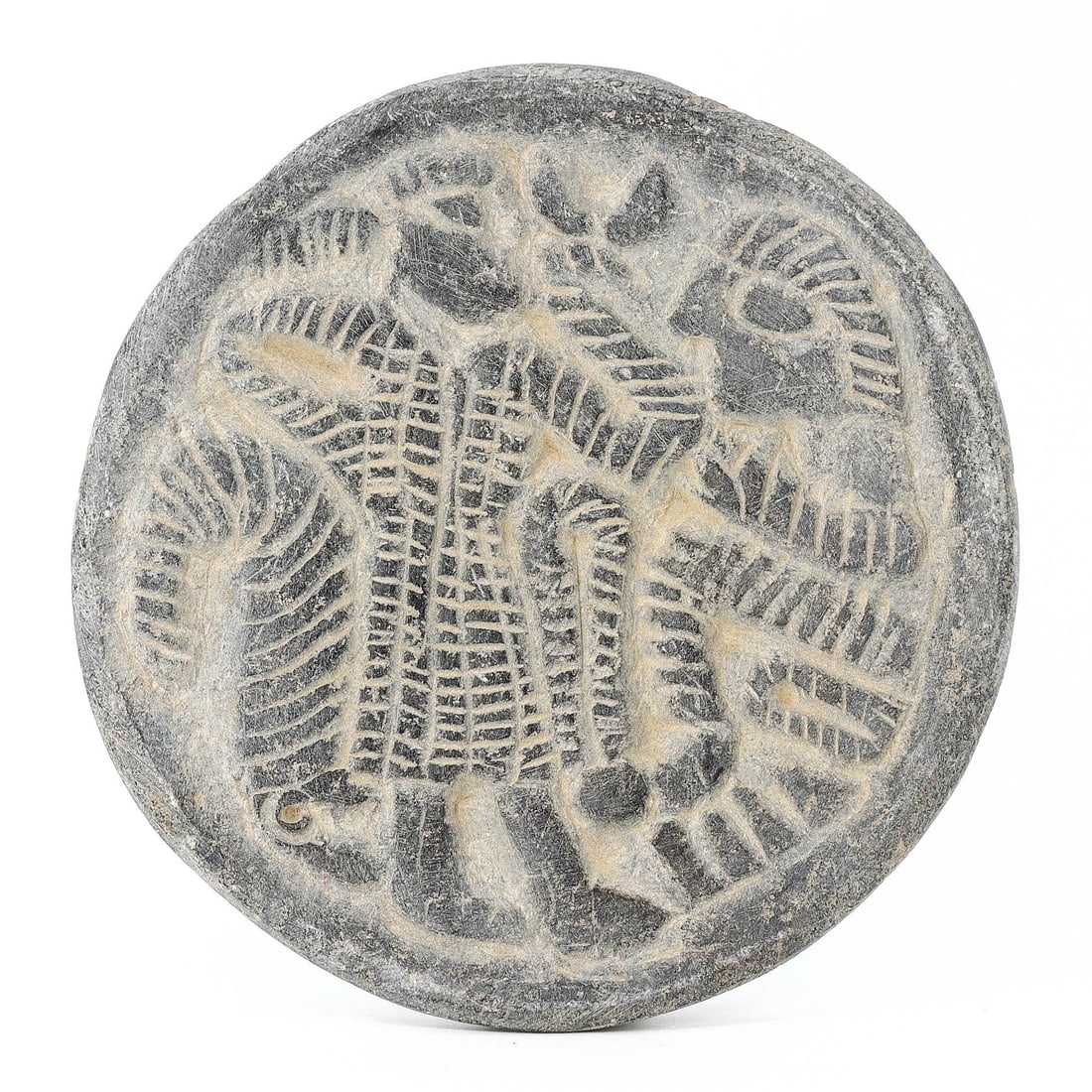 Neo-Hittite Steatite Schist Disc Plaque with Mede and Sphinx Relief, 8th-7th Century BC (1 of 2)