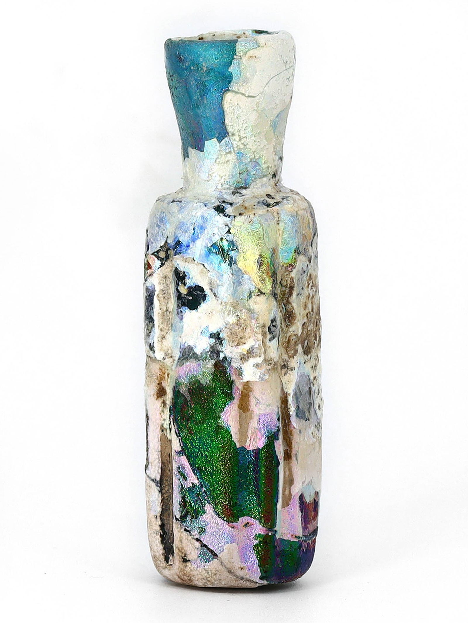 Roman-Byzantine Glass Vessel/Bottle (1st-7th Century AD): This exquisite glass vessel, dating back to the Roman-Byzantine era spanning the 1st to 7th century AD, is a testament to the ancient artistry of glassmaking. Measuring 7x2cm, it showcases the skill o