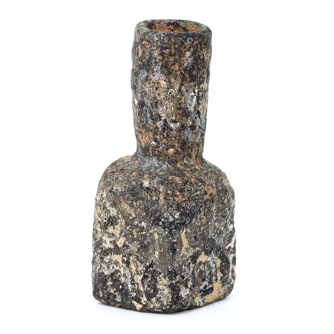 Roman-Byzantine Glass Vessel/Bottle (1st-7th Century AD): This exquisite glass vessel, dating back to the Roman-Byzantine era spanning the 1st to 7th century AD, is a testament to the ancient artistry of glassmaking. Measuring 6.5x2.5x2cm, it showcases the s