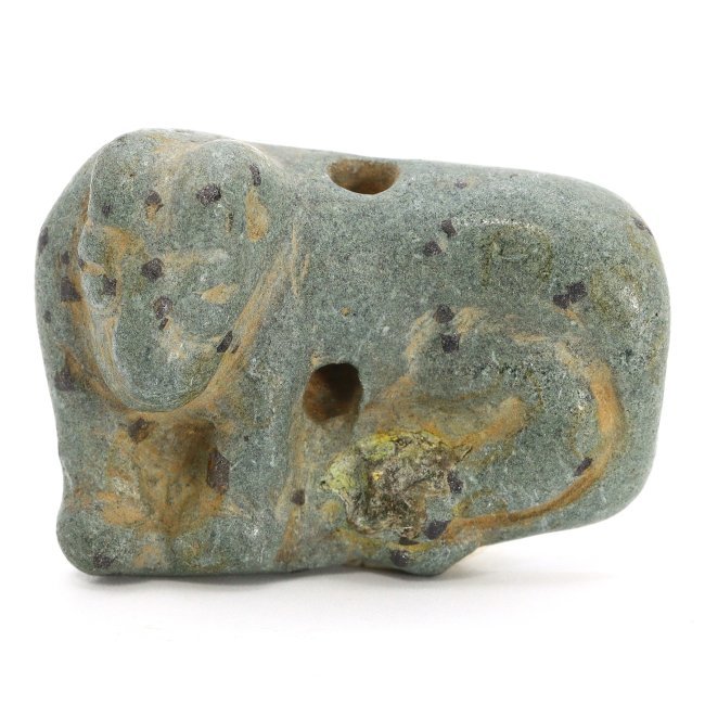 Sumerian Reclining Lion Green Steatite Amulet (3000-2334 BC): This exquisite ancient reclining lion amulet, with dimensions of 39 mm in length, 27 mm in width, and 17 mm in height, corresponds to approximately 1.54 x 1.06 x 0.67 inches. Carved from a green steat