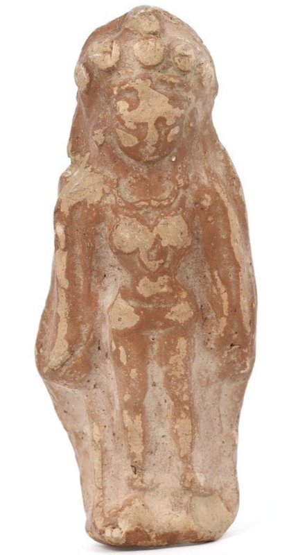 Ancient Painted Terracotta Idol, Pakistan, ca. 4th-5th Century AD: Hailing from the historical depths of Pakistan, this painted terracotta idol, with dimensions of 8x3.5 cm (3.15x1.38 inches), embodies the cultural richness of the 4th to 5th century. The idol is ador