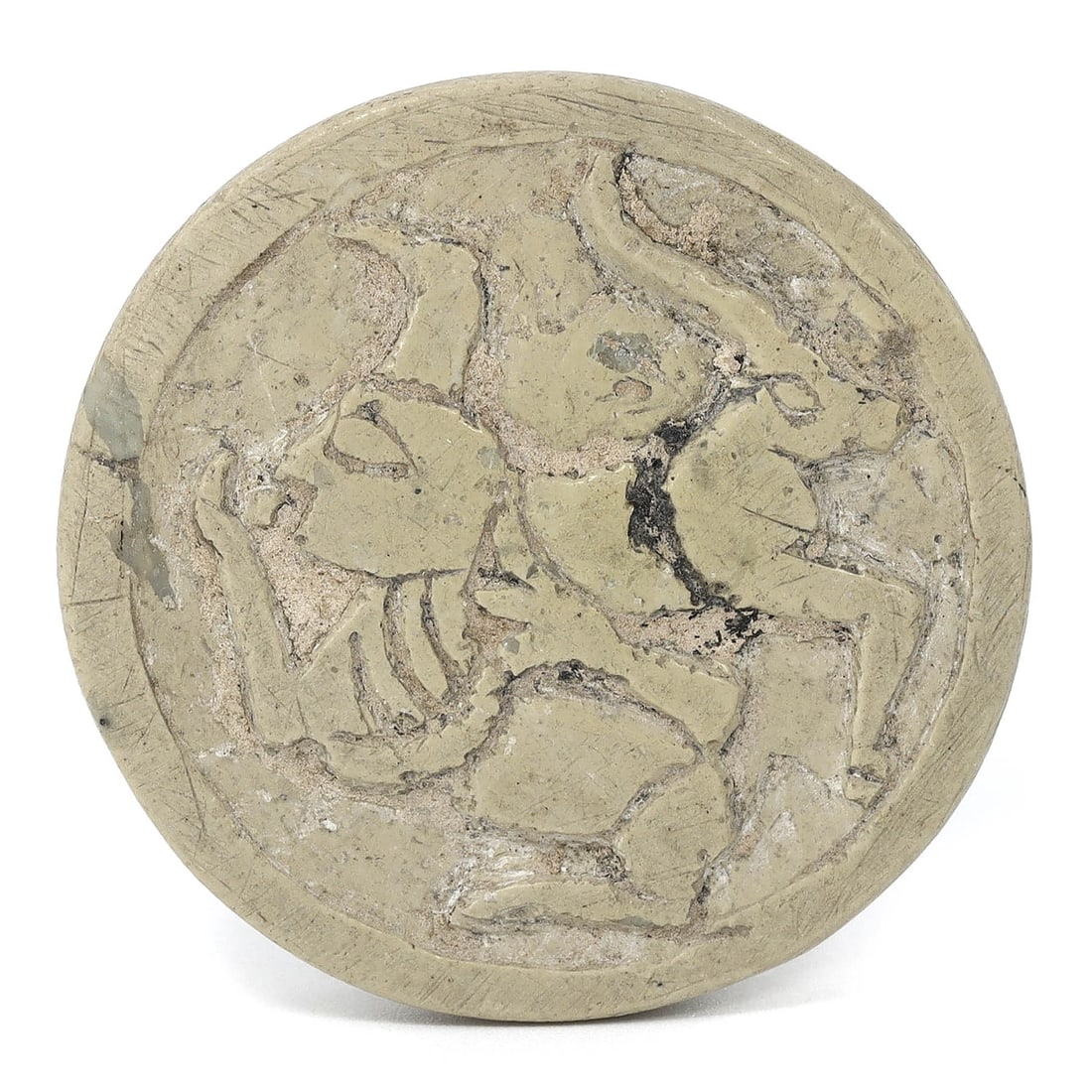 Islamic Era Alabaster Stamp Seal, Lion Hunting Scene Relief (7th-13th Century CE): This Islamic Era alabaster stamp seal measures 3.5cm (1.38 inches) in diameter and features a remarkable relief of a lion hunting scene. Dating back to the 7th-13th Century CE, this artifact bears wit