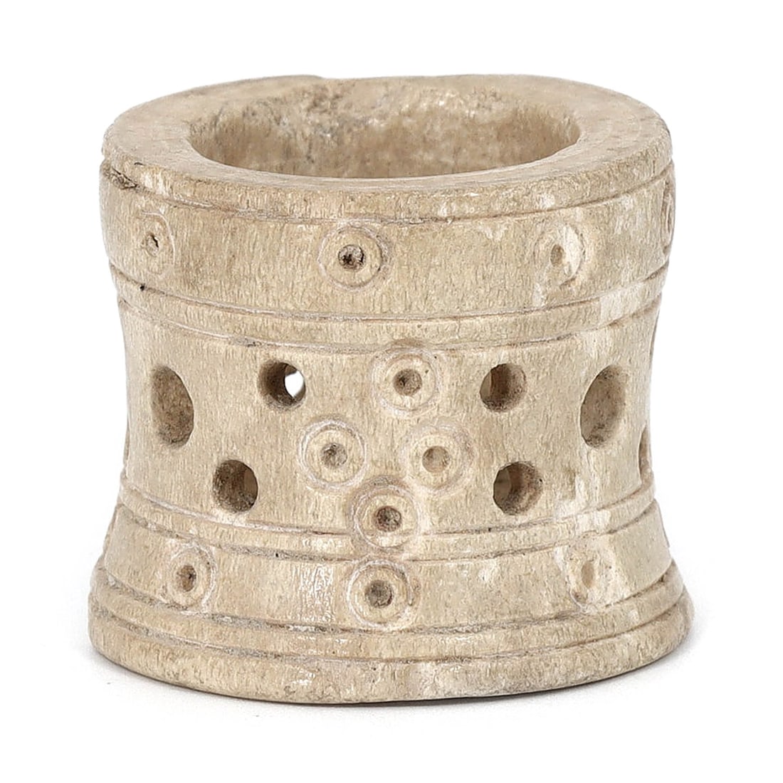 Byzantine Whale Bone Coptic Container with Dot Eye Mark (330-1453 AD): This unique Byzantine-era coptic container, measuring 3x2cm, showcases the intricate craftsmanship of a civilization steeped in artistic and religious tradition. Carved from whale bone, this piece is 